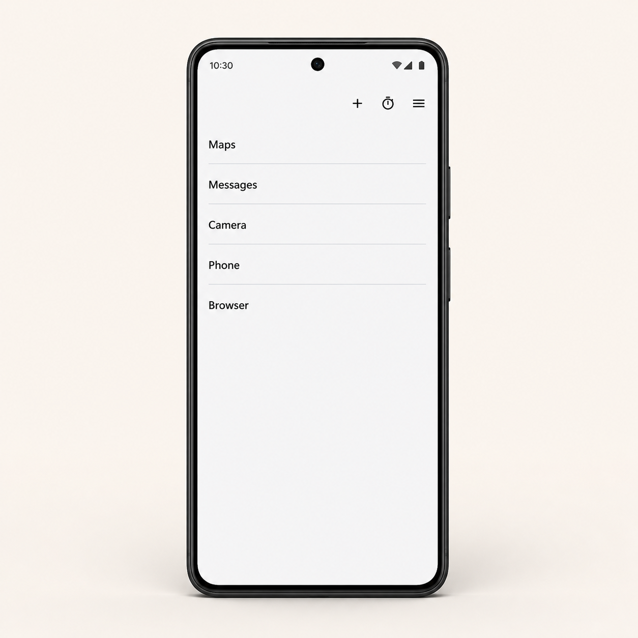 Dumb Phoneのホーム画面を表示したAndroidスマートフォン。必要なアプリだけを一覧表示している。